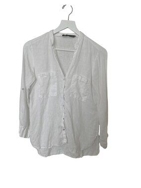 Zara White Linen Button Down Shirt With Front Pockets